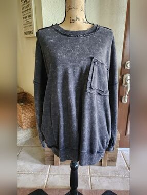 Womens Distressed Black Oversized Pocket Sweatshirt